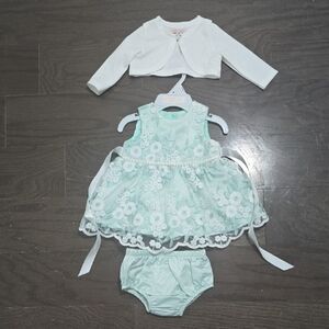 Mint Green Floral Baby Dress with White Bolero 0-3 Month Baby Girl Set